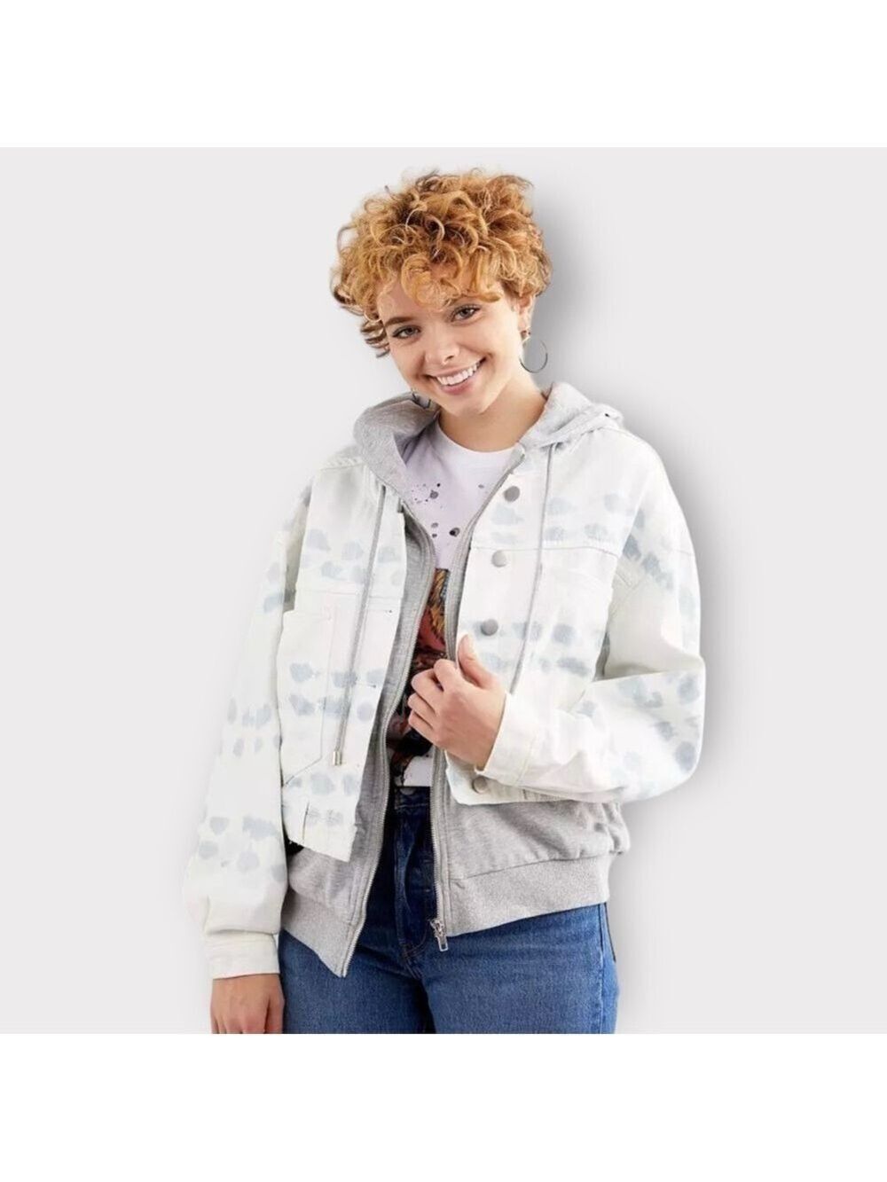 BKE NEW Fate Layered Bleach Washed Denim Hooded Jacket Womens Small Oversized